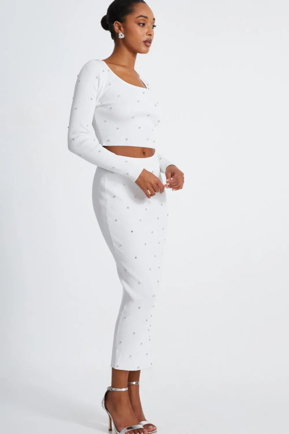 Quiz Skirts|Knitwear>Cream Knit Diamante Midi Skirt