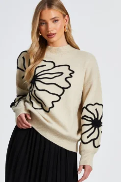Quiz Knitwear|Jumpers>Cream Knit Floral Jumper