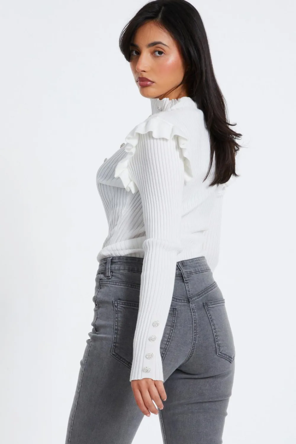 Quiz Knitwear|Jumpers>Cream Knit Frill Jumper