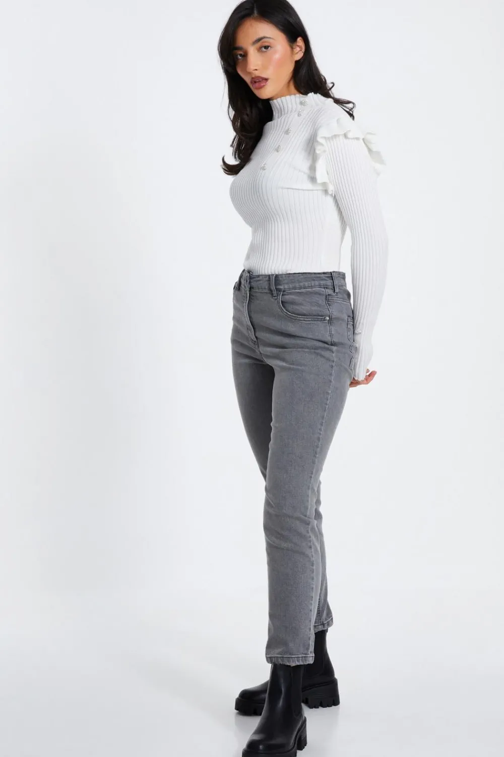 Quiz Knitwear|Jumpers>Cream Knit Frill Jumper