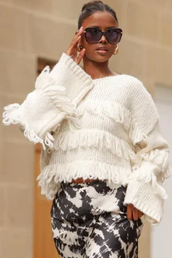 Quiz Knitwear|Jumpers>Cream Knit Fringe Detail Jumper