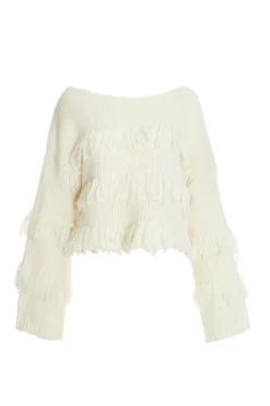 Quiz Knitwear|Jumpers>Cream Knit Fringe Detail Jumper