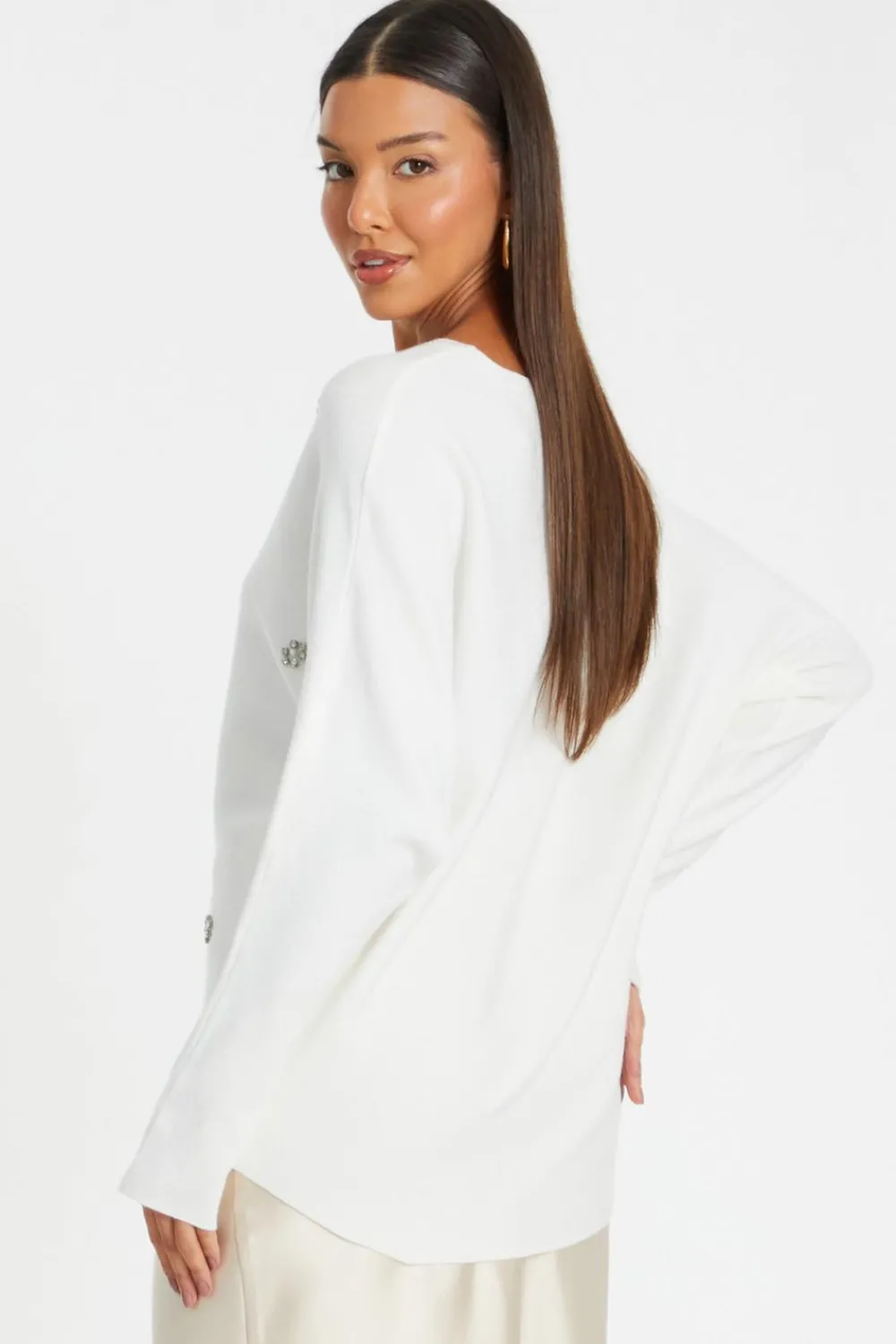 Quiz Knitwear>Cream Knitted Beaded Batwing Jumper