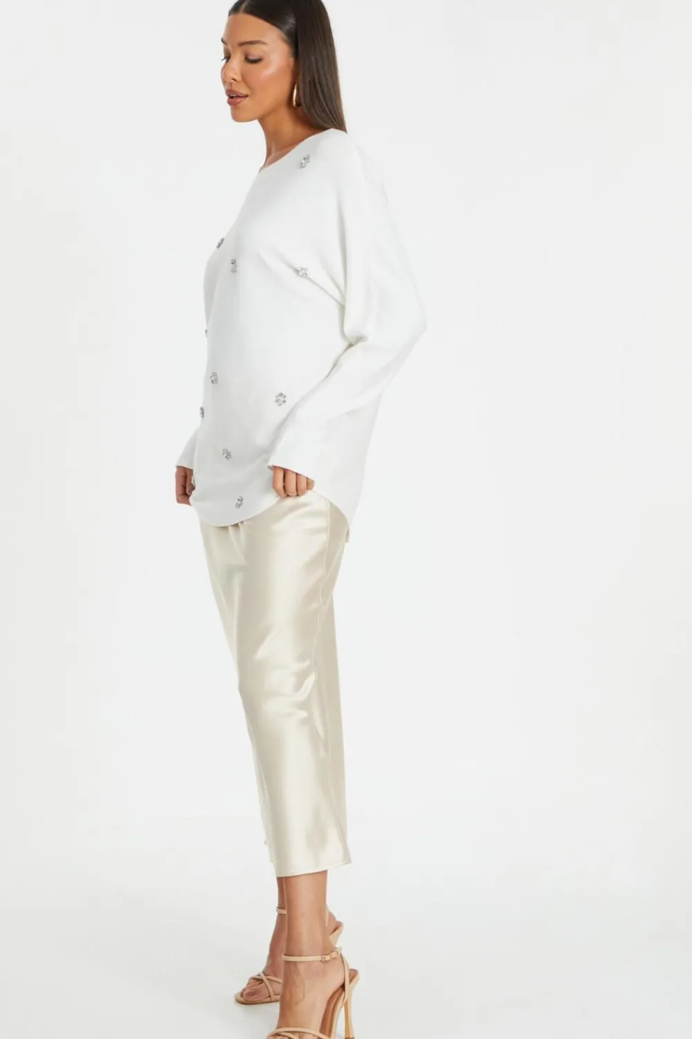Quiz Knitwear>Cream Knitted Beaded Batwing Jumper