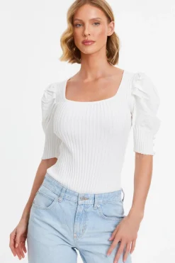 Quiz Day Tops|Bodysuits>Knitted Puff Sleeve Bodysuit