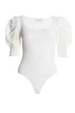 Quiz Day Tops|Bodysuits>Knitted Puff Sleeve Bodysuit