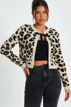 Quiz Casual Clothing>Cream Leopard Print Knit Cardigan