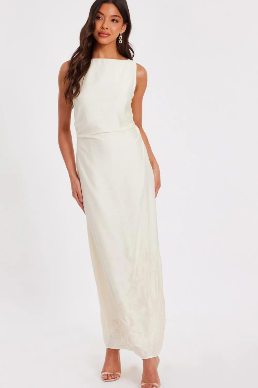 Quiz Summer Clothes|Holiday>Cream Linen Embroidered Midaxi Dress