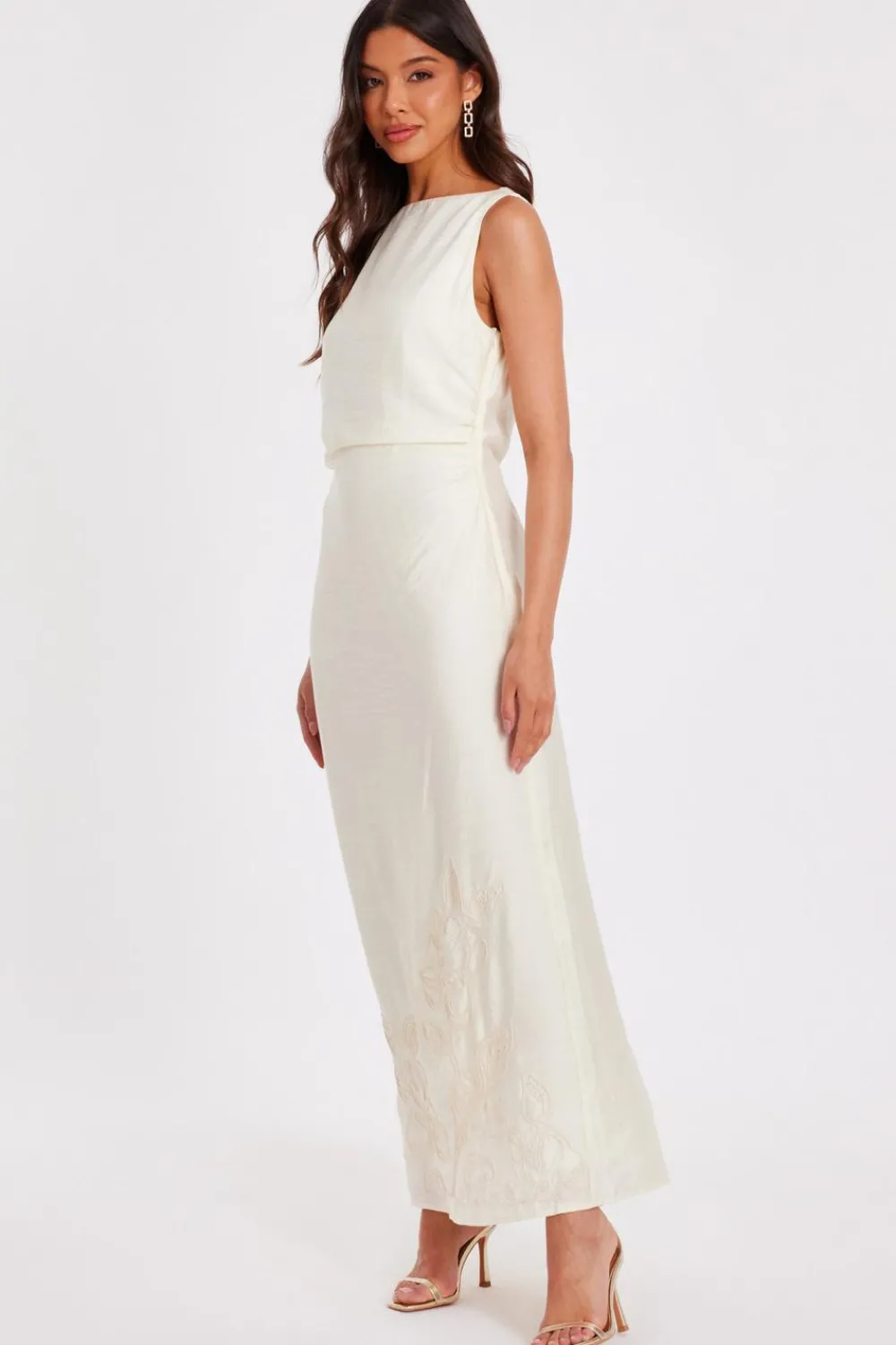 Quiz Summer Clothes|Holiday>Cream Linen Embroidered Midaxi Dress