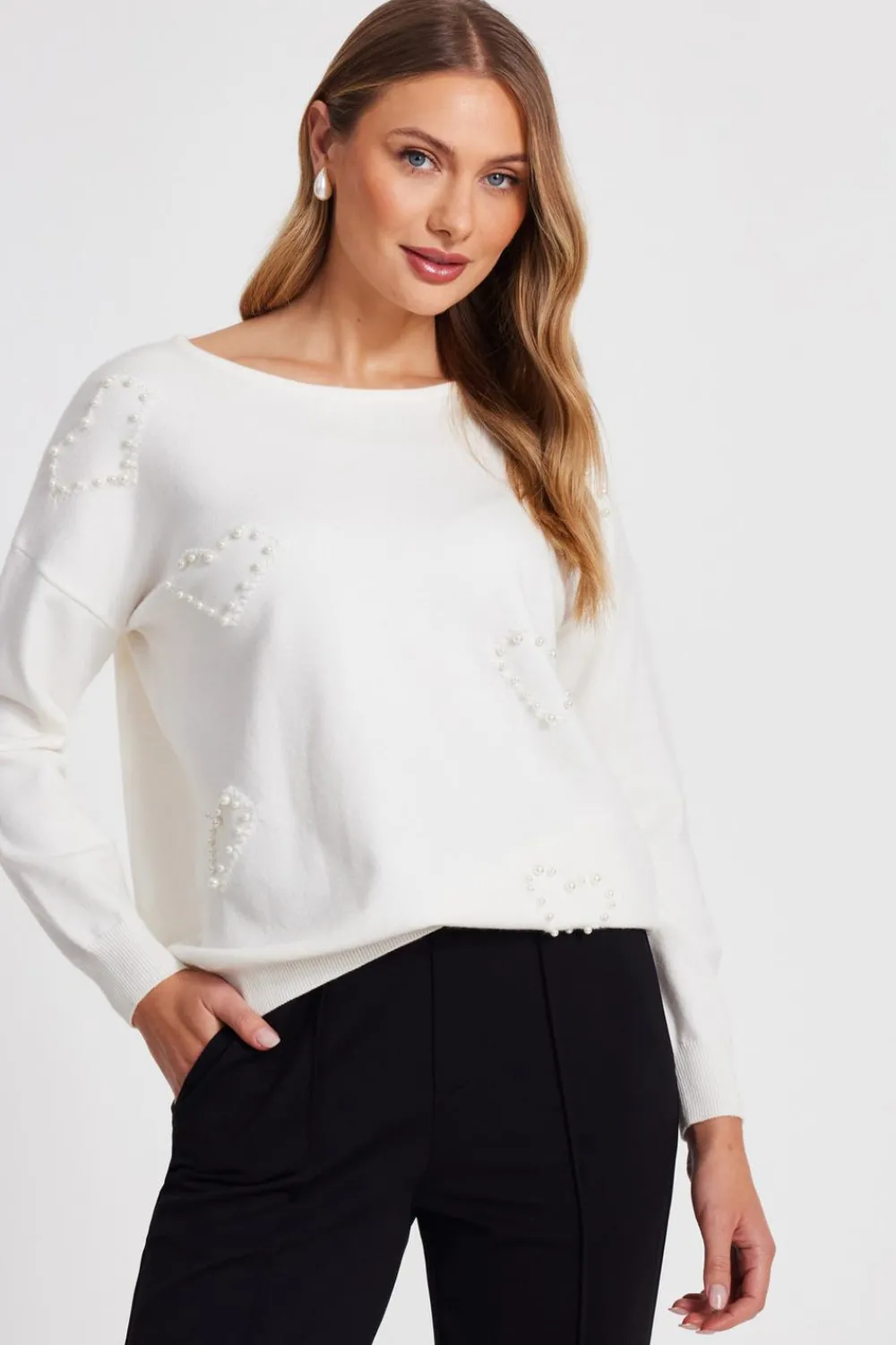 Quiz Knitwear|Jumpers>Cream Pearl Embellished Jumper