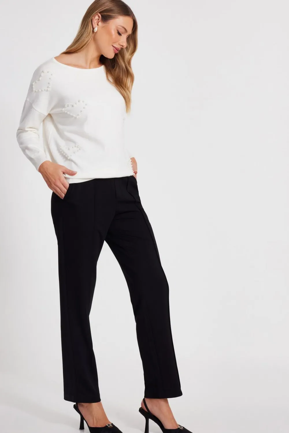 Quiz Knitwear|Jumpers>Cream Pearl Embellished Jumper