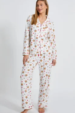 Quiz Nightwear>Cream Reindeer Print Long Pyjama Set
