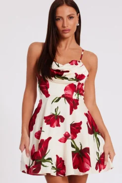 Quiz Day At The Races|Florals>Cream Satin Rose Print Mini Dress