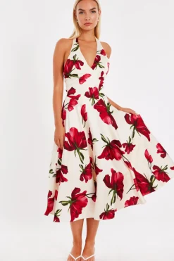 Quiz Day At The Races|Florals>Cream Satin Rose Print Midi Dress