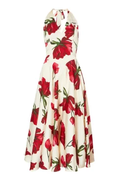 Quiz Day At The Races|Florals>Cream Satin Rose Print Midi Dress