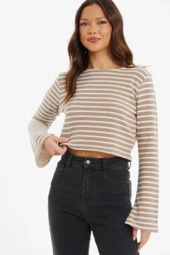 Quiz Day Tops|Crop Tops>Cream Stripe Long Sleeve Crop Top
