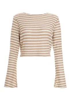 Quiz Day Tops|Crop Tops>Cream Stripe Long Sleeve Crop Top