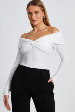 Quiz Bardot Tops|Workwear>Cream Textured Bardot Top