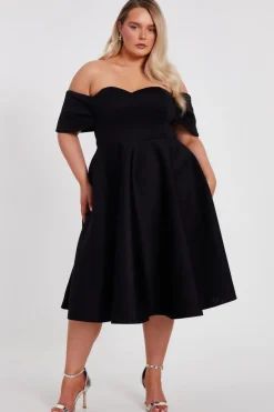 Quiz Evening Dresses|Christening Guest>Curve Black Bardot Midi Skater Dress