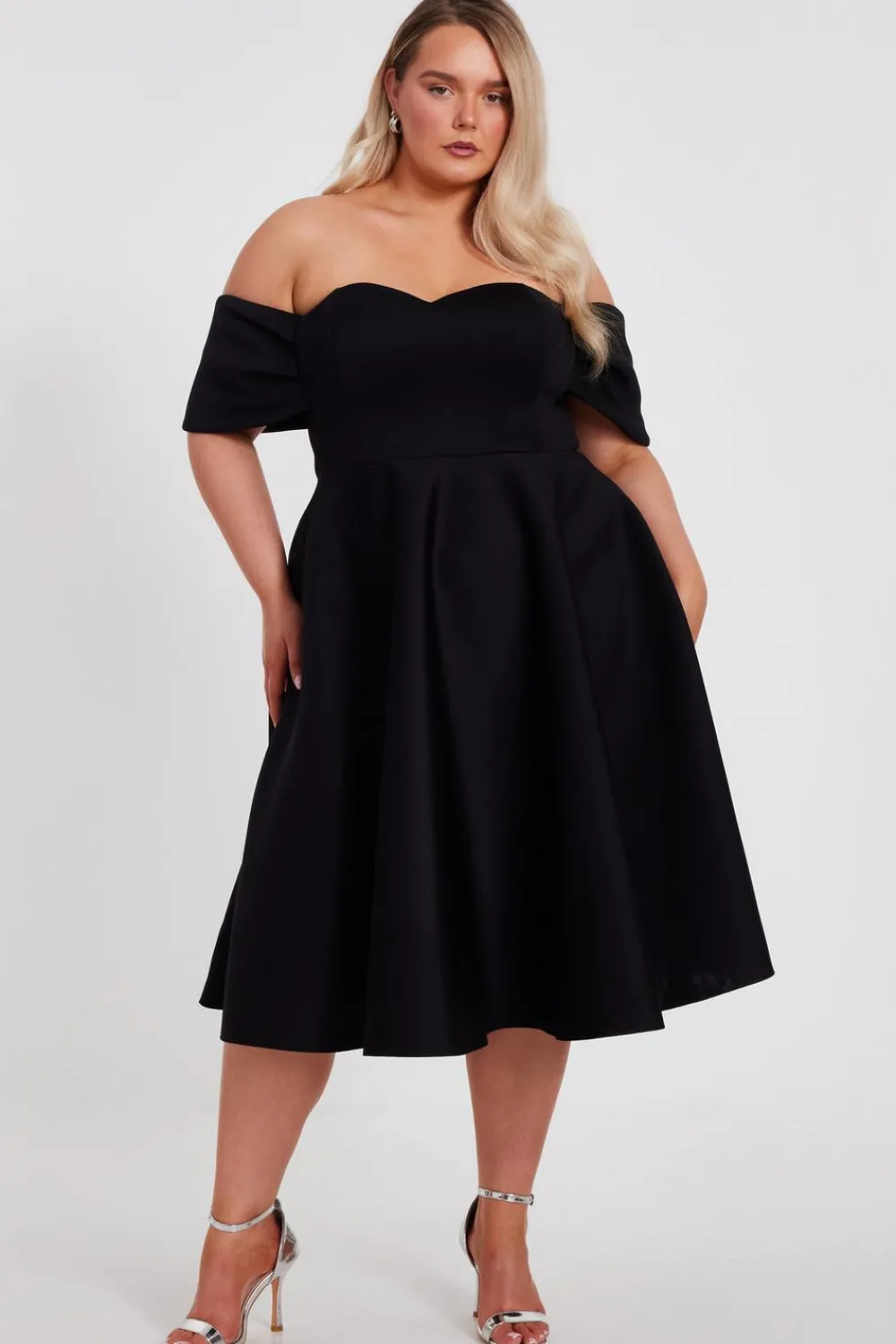 Quiz Evening Dresses|Christening Guest>Curve Black Bardot Midi Skater Dress
