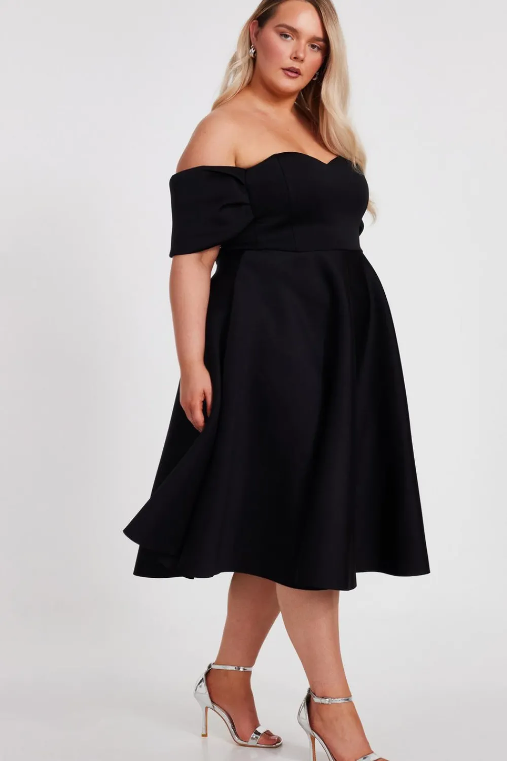 Quiz Evening Dresses|Christening Guest>Curve Black Bardot Midi Skater Dress
