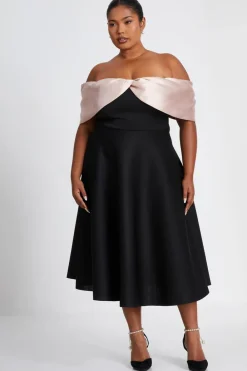 Quiz Evening Dresses|Wedding Guest Dresses>Curve Black Contrast Bardot Skater Midi Dress