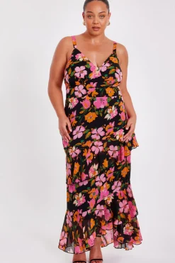 Quiz Day At The Races|Christening Guest>Curve Black Floral Midaxi Dress