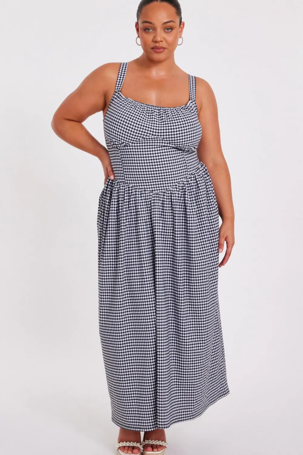 Quiz Summer Clothes|Dresses>Curve Black Gingham Midaxi Dress