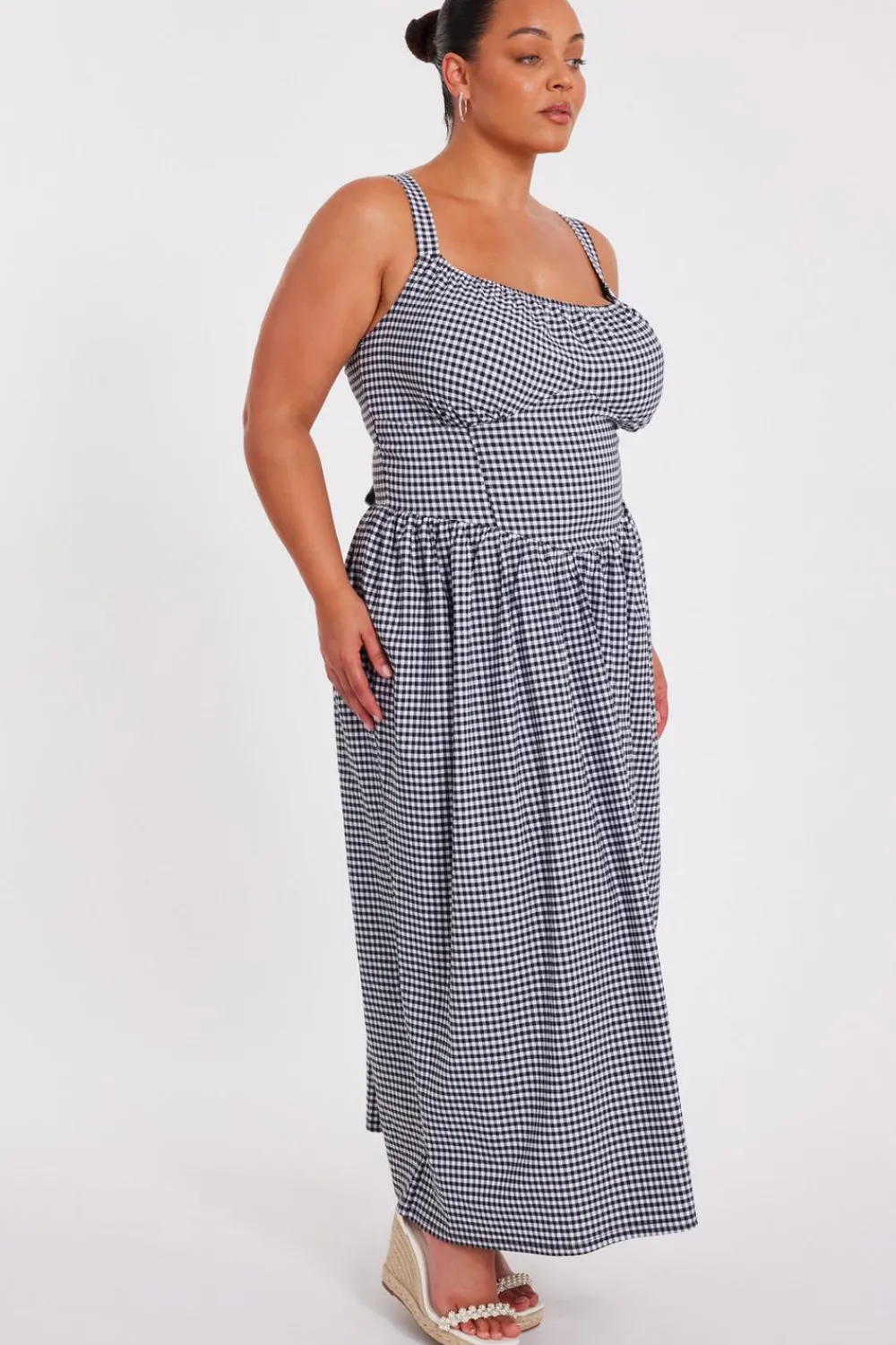 Quiz Summer Clothes|Dresses>Curve Black Gingham Midaxi Dress
