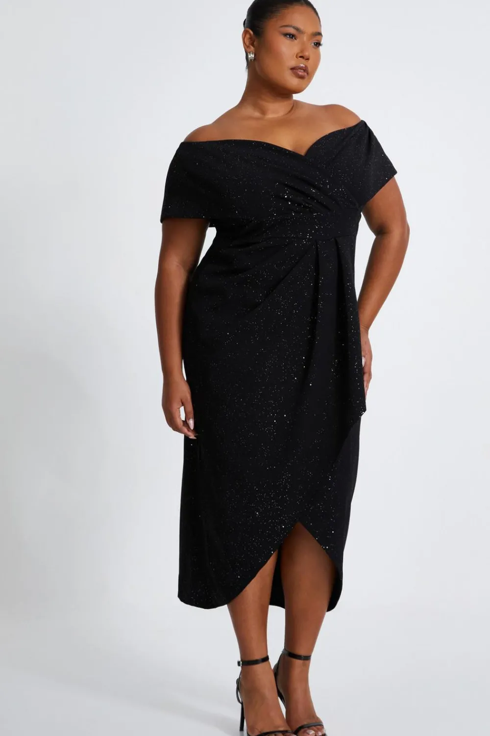 Quiz Evening Dresses|Wedding Guest Dresses>Curve Black Glitter Bardot Midi Dress