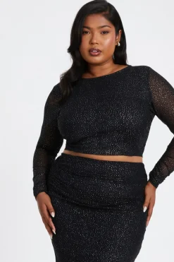 Quiz Going Out Tops|Crop Tops>Curve Glitter Mesh Long Sleeve Top