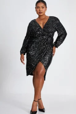 Quiz Wrap Dresses|Midi Dresses>Curve Black Sequin Midi Dress