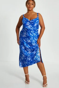 Quiz Christening Guest|Summer Clothes>Curve Blue Ditsy Floral Satin Midaxi Dress
