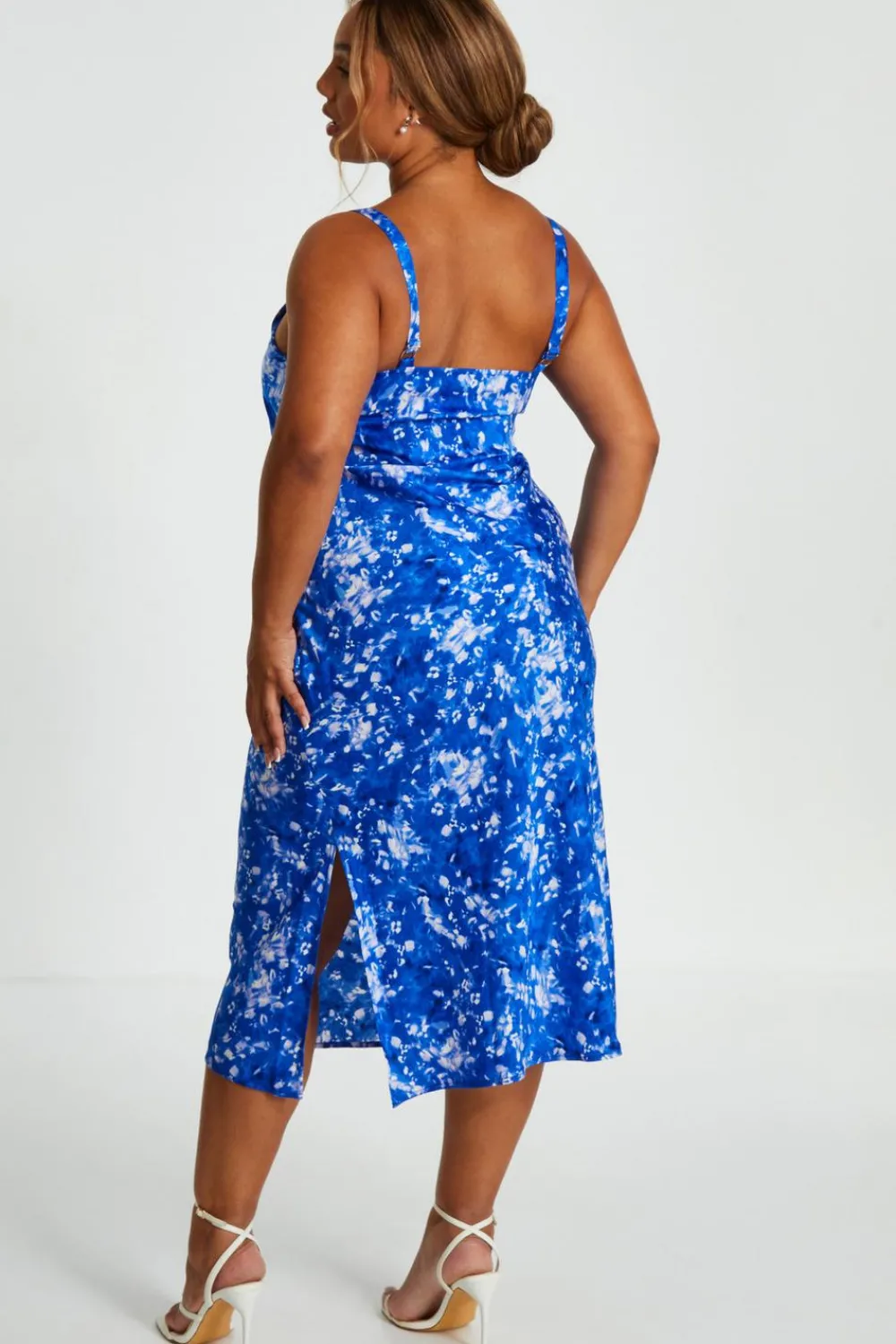 Quiz Christening Guest|Summer Clothes>Curve Blue Ditsy Floral Satin Midaxi Dress