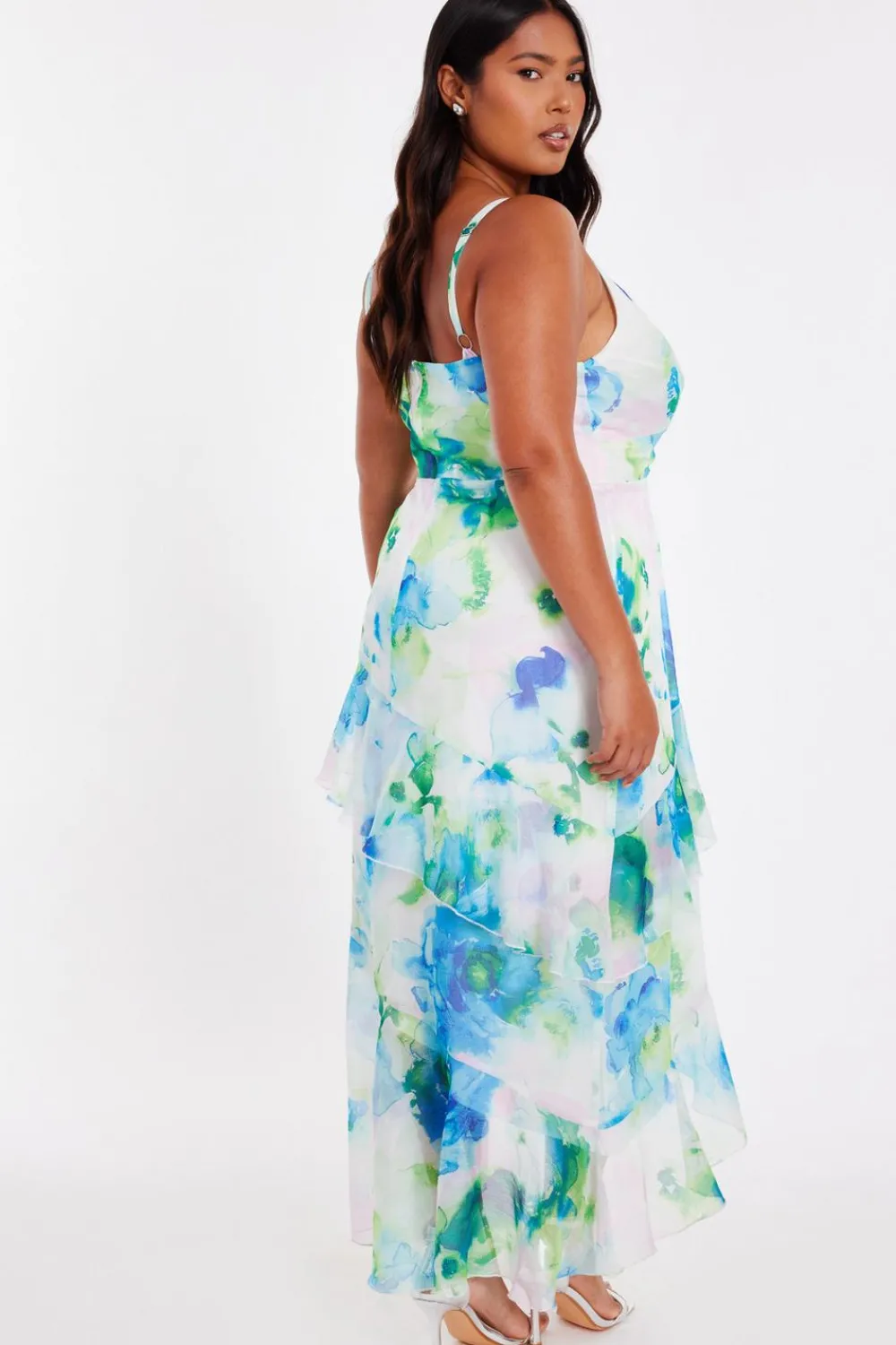 Quiz Day At The Races|Christening Guest>Curve Blue Floral Chiffon Midaxi Dress