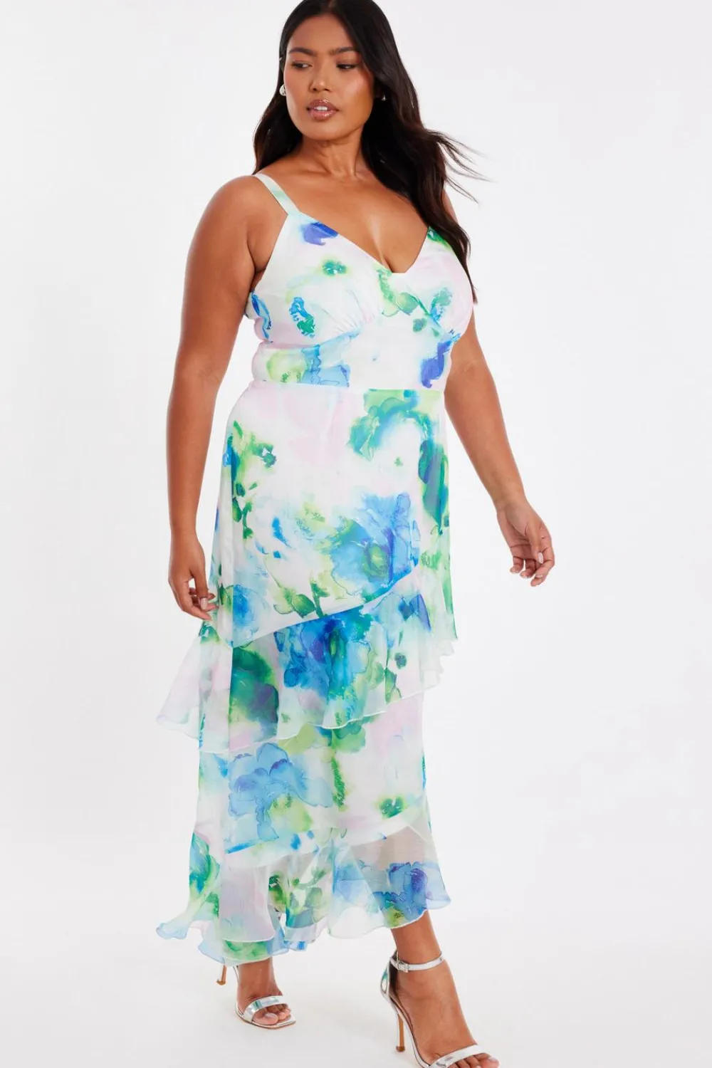 Quiz Day At The Races|Christening Guest>Curve Blue Floral Chiffon Midaxi Dress