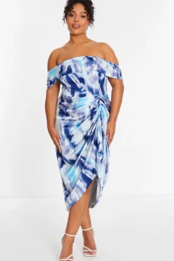 Quiz Wrap Dresses|Wedding Guest Dresses>Curve Blue Marble Print Bardot Midi Dress