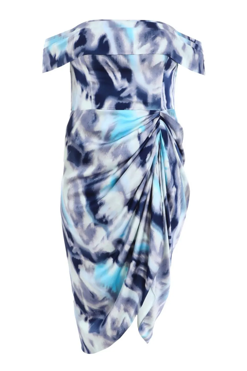 Quiz Wrap Dresses|Wedding Guest Dresses>Curve Blue Marble Print Bardot Midi Dress