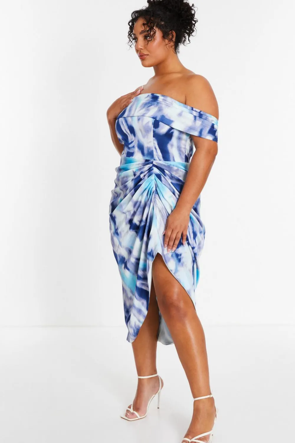 Quiz Wrap Dresses|Wedding Guest Dresses>Curve Blue Marble Print Bardot Midi Dress