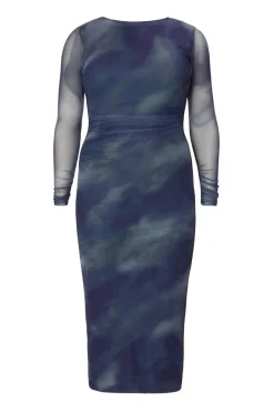 Quiz Going Out|Dresses>Curve Blue Printed Long Sleeve Midaxi Dress