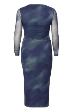 Quiz Going Out|Dresses>Curve Blue Printed Long Sleeve Midaxi Dress