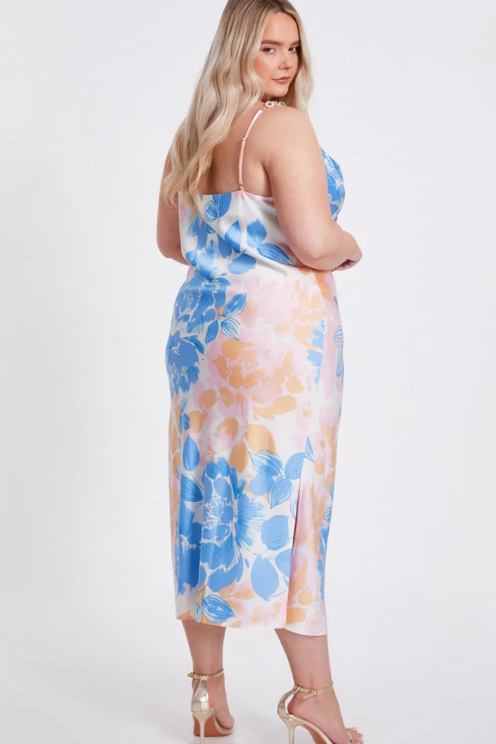 Quiz Day At The Races|Christening Guest>Curve Blue Satin Floral Midaxi Dress