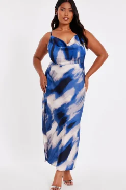 Quiz Day At The Races|Christening Guest>Curve Blue Satin Marble Midaxi Dress