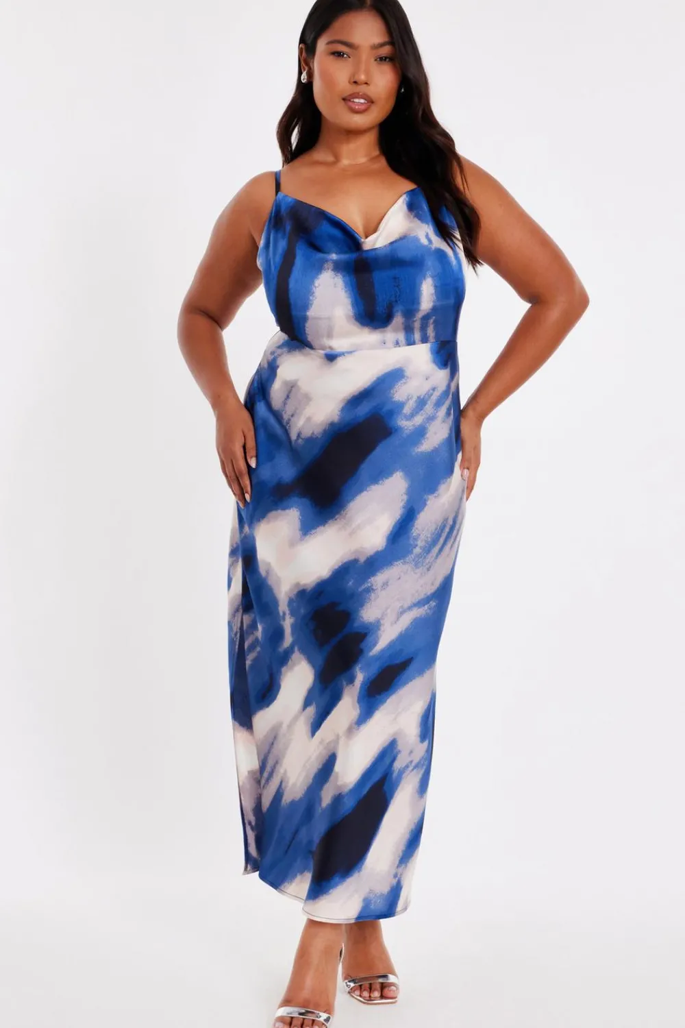 Quiz Day At The Races|Christening Guest>Curve Blue Satin Marble Midaxi Dress