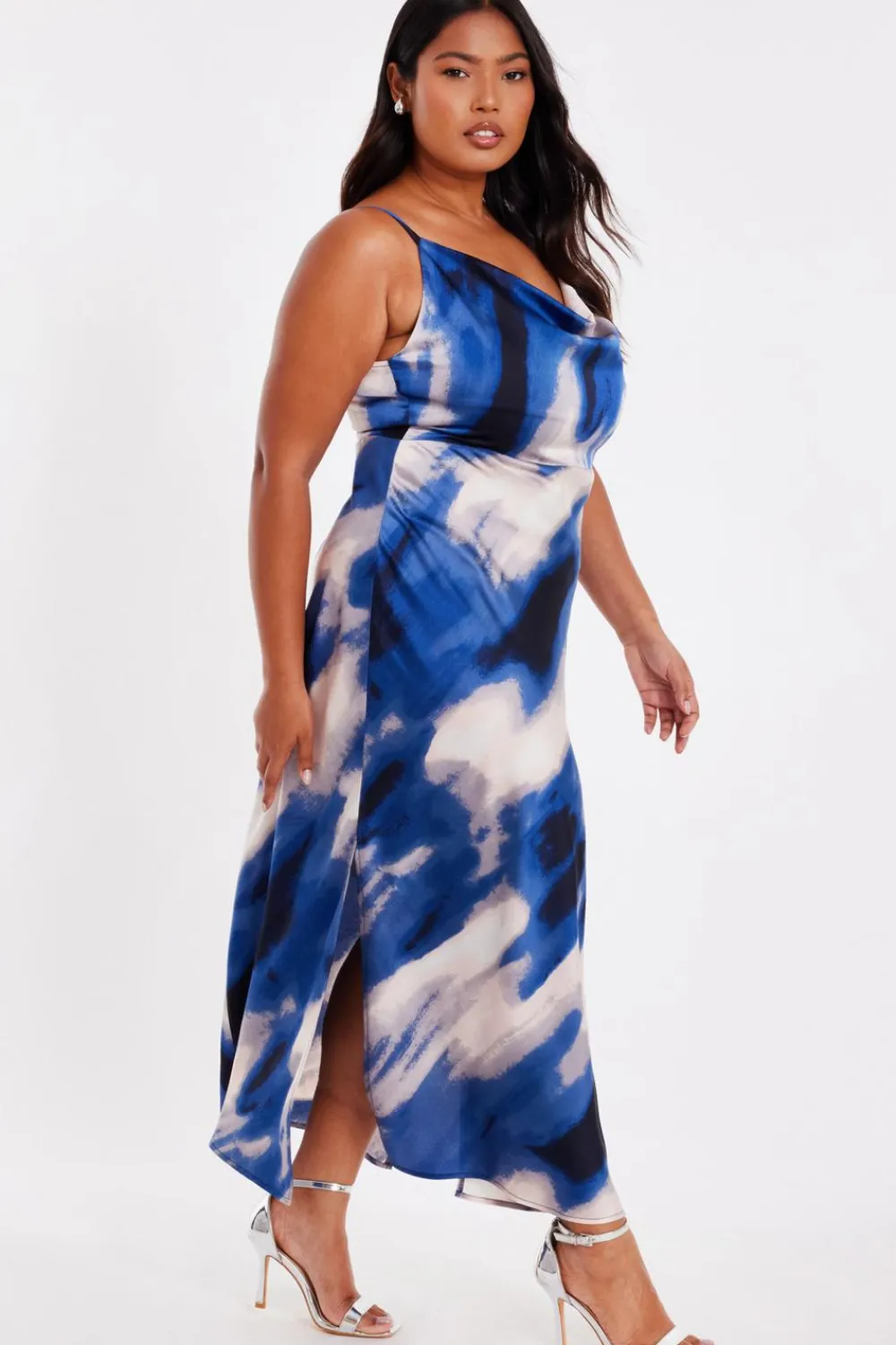 Quiz Day At The Races|Christening Guest>Curve Blue Satin Marble Midaxi Dress