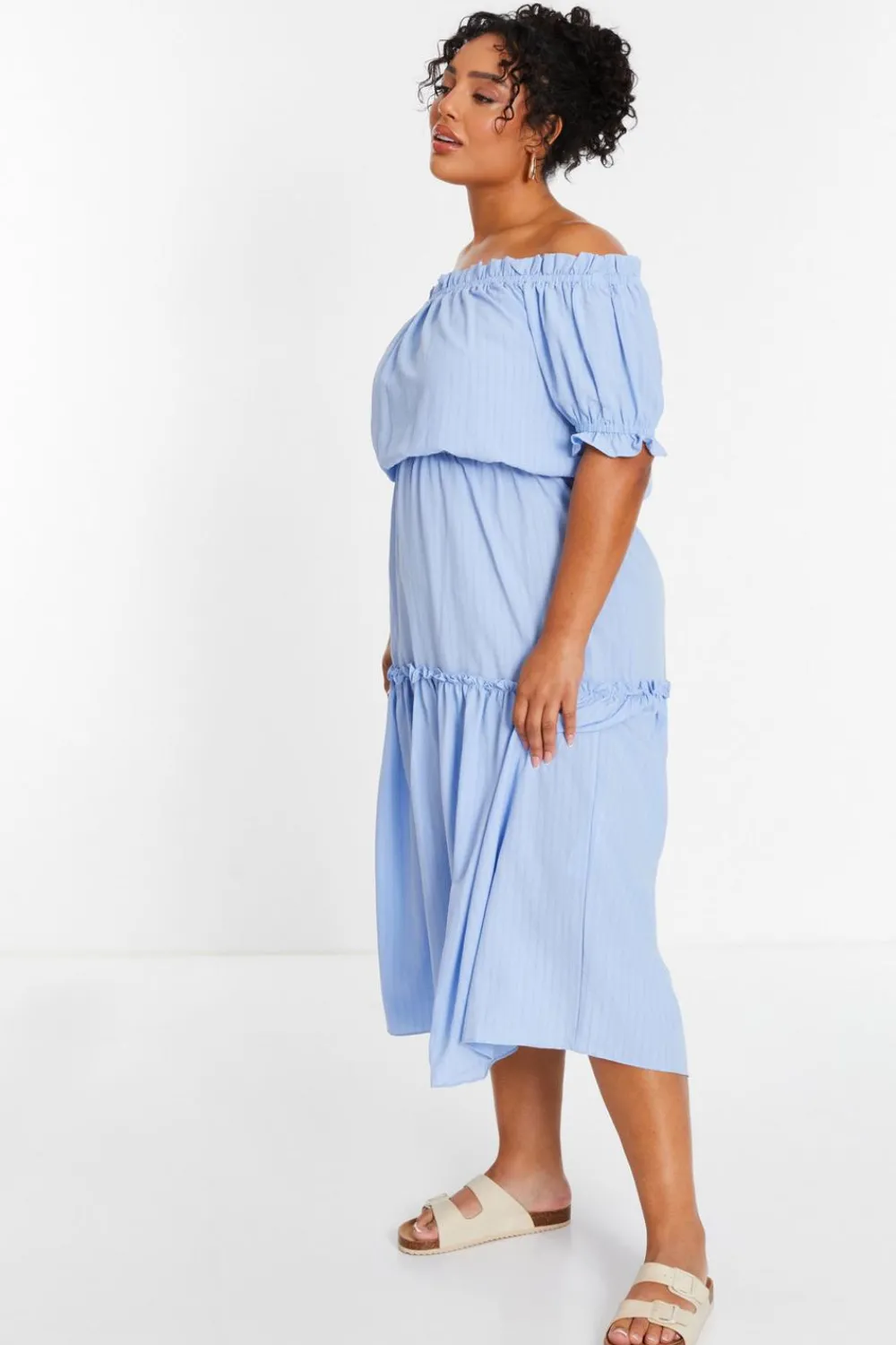 Quiz Summer Clothes|Holiday>Curve Blue Textured Bardot Midaxi Dress