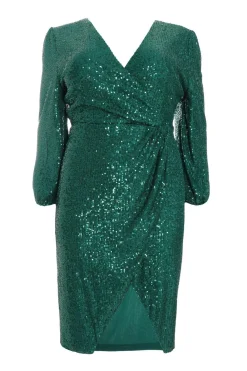 Quiz Wrap Dresses|Midi Dresses>Curve Bottle Green Sequin Midi Dress