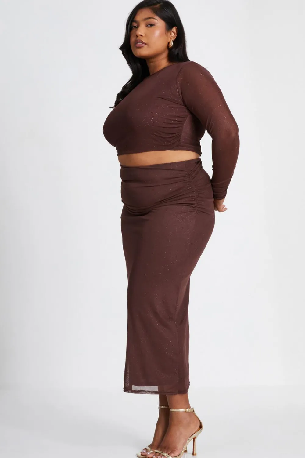 Quiz Going Out Tops|Crop Tops>Curve Glitter Mesh Long Sleeve Top