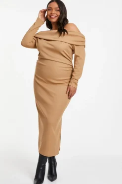 Quiz Midi Dresses|Day Dresses>Curve Camel Ribbed Bardot Bodycon Midi Dress