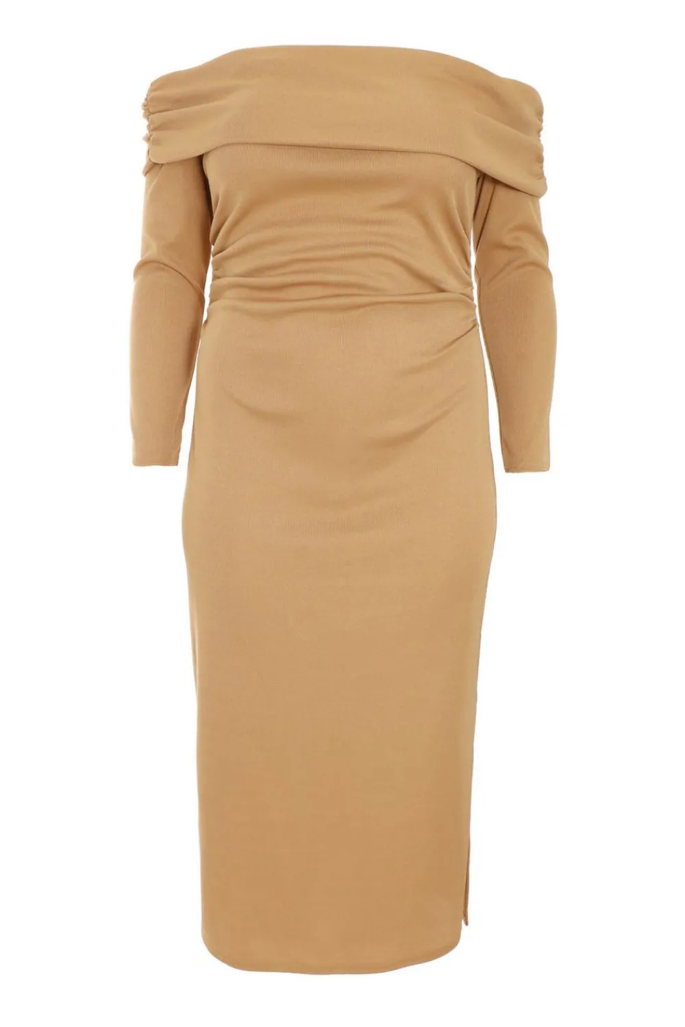 Quiz Midi Dresses|Day Dresses>Curve Camel Ribbed Bardot Bodycon Midi Dress
